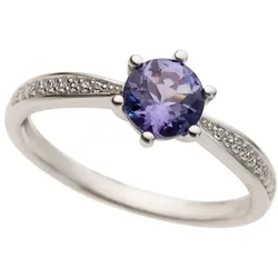 Fingerring FIRETTI "Schmuck Geschenk Gold 585 Damenring Goldring Edelstein Farbstein" Gr. 19, lila (weißgoldfarben, violett, violett), Fingerringe, Damen, 19, 0,045 ct P2 = erkennbare Einschlüsse, Weißgold 585-Diamanten, 2mm, Weißgold 585, Diamanten, mit Tansanit