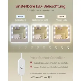 VASAGLE Schminktisch mit Steckdosenleiste, Glühbirnen, 3 Lichtfarben, werkzeuglose Gleitschienen - Weiß