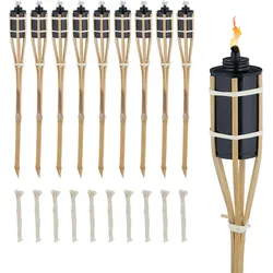 Relaxdays Gartenfackeln für draußen, 10er Set, 60 cm, Bambusfackeln Gartenparty Deko, Ölfackeln mit Ersatzdocht, natur