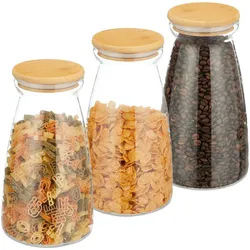 Relaxdays Vorratsgläser mit Deckel, 3er Set, 1400 ml, luftdicht, Lebensmittel-Lagerung, Vorratsdosen, transparent/ natur