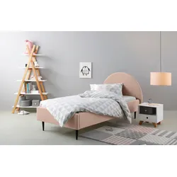 Polsterbett LÜTTENHÜTT "Femmy", pink (blush pink), B:102cm H:102cm L:213cm, 100% Polyester, Betten, angenehm gepolstertes Kopfteil mit dekorativem Regebogenmotiv