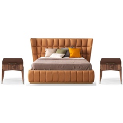Casa Padrino Luxus Schlafzimmer Set Hellbraun / Braun - 1 Doppelbett mit Kopfteil & 2 Nachtkommoden - Luxus Schlafzimmer Möbel - Luxus Schlafzimmer Einrichtung