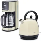 KHG Frühstücksset 2-teilig Kessel-Wasserkocher & Kaffeemaschine, Creme Beige Retro American Diner Stil, Kapazität 1,7 Liter & 12 Tassen Kaffee, 360° Sockel, Kalkfilter, Wasserstand- & LCD-Anzeige