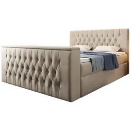 luxusbetten24 Boxspringbett Velano 180x200 Doppelbett Polsterbett Bett mit TV Lift und Stauraum | Bezug: Samt | Farbe: Beige | Härtegrad: H3 (70-100kg)