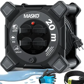 Masko MASKO® Kabeltrommel Verlängerungskabel mit Schutzkontaktsteckdosen & Wickelgriff Outdoor Kabelaufroller Thermoschutz Gerätetrommel IP44 1000W ~ 3000W inkl. Tragegriff und Montagehandschuhe
