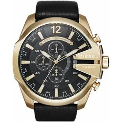 Chronograph DIESEL "MEGA CHIEF", schwarz, Armbanduhren, Herren, Quarzuhr, Armbanduhr, Herrenuhr, Stoppfunktion, Lederarmband
