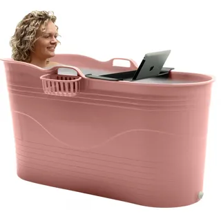 HelloBath® Mobile Badewanne XL 122x56x64 cm für Erwachsene | Tragbare Sitzbadewanne mit Abdeckhaube, Ablage, Seifenkorb & Ablaufschlauch | Badewanne für Dusche & Outdoor | Terrakotta
