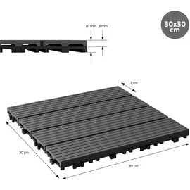 ECD Germany WPC Terrassenfliesen 30x30 cm 44er Spar Set Anthrazit, geriffelt, Holzoptik, Bodenbelag mit Drainage, Terrassendielen Balkonfliesen, Klickfliesen für Terrasse Garten Balkon