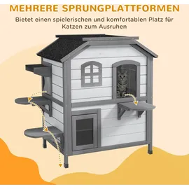 PawHut Katzenhaus aus Holz, Outdoor Katzenhütte mit Treppe, 2-Etagen, Kleintierhaus für Katzen bis 4,5 kg, Weiß, 99,5 x 76 x 91 cm - Weiß
