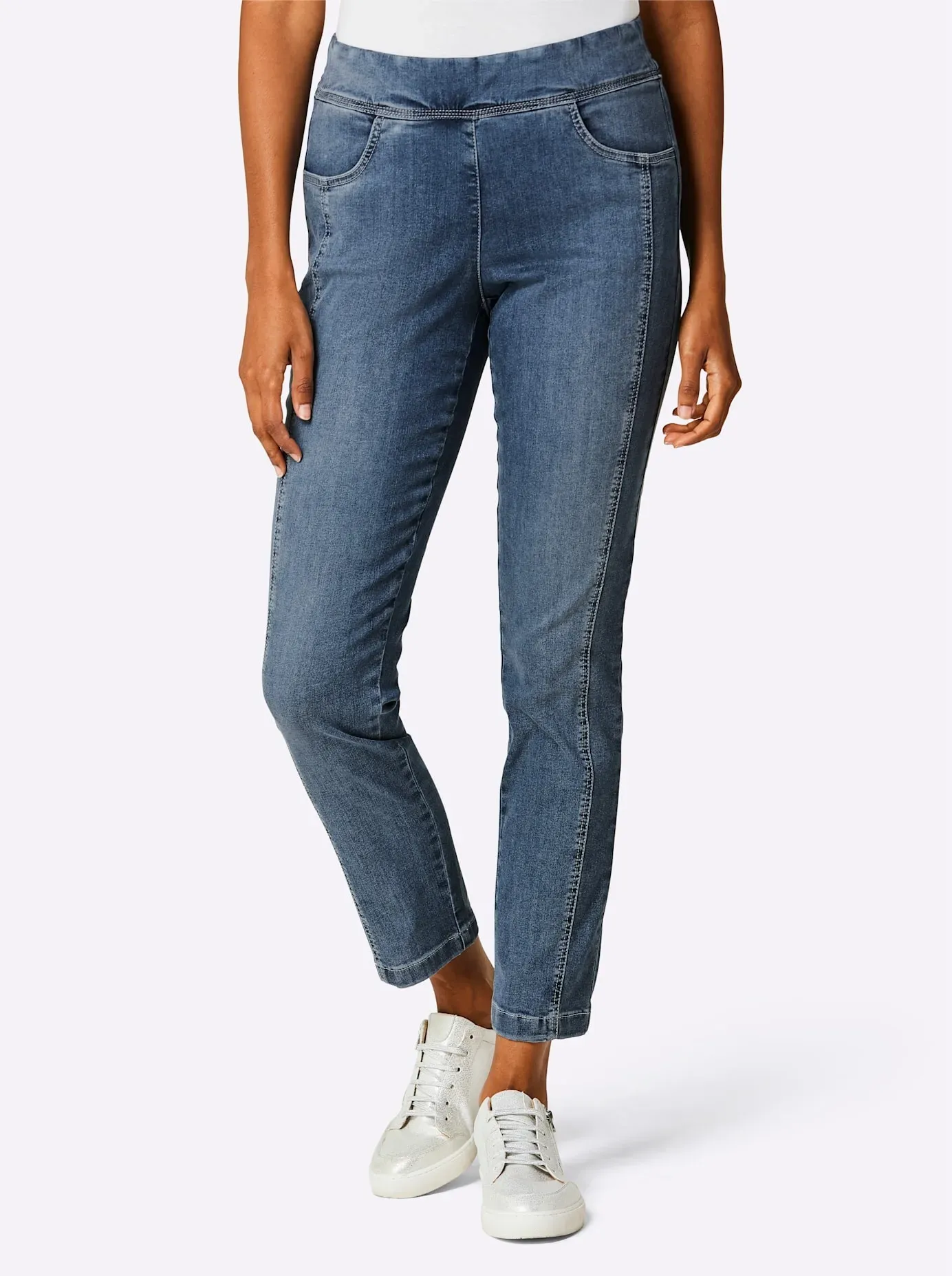 Schlupfjeans ASCARI, Damen, Gr. 40, Normalgrößen, blau (blau, stone, washed), 50% Baumwolle, 40% Lyocell, 7% Elastomultiester, 3% Elasthan, unifarben, lang, Jeans Schlupfjeans