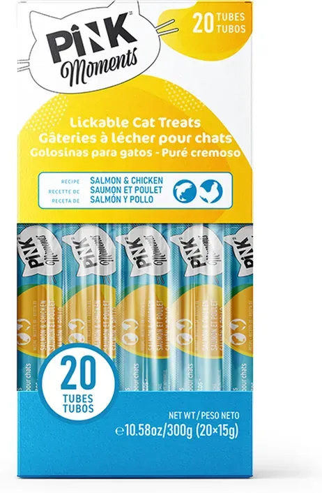PINK Weiche Katzensticks – Lachs & Huhn, 20 Sticks × 15g – Ohne Zusätze, Getreidefrei & Gel-Frei – Haarballenkontrolle & Verdauungsunterstützung – Vertrauenswürdige kanadische Marke