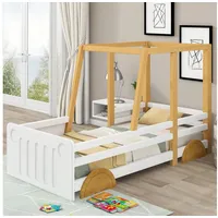 MODFU Kinderbett Autobett mit MDF-Rädern (Holzbett Massivholzrahmen, Einzelbett 90x200 cm), Ohne Matratze weiß