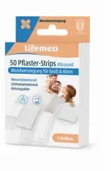 Lifemed® Allround 4 Größen Pflaster-Strips, halbtransparent 99029 _99005 , 1 Packung = 50 Pflaster in 4 verschiedenen Größen