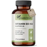 plantrition Vitamin D3 K2 Kapseln Vegan 5000 IE + 200mcg Vitamin K2 MK7 Hochdosiertes pflanzliches Vitamin D3 aus Flechten I 90 Kapseln