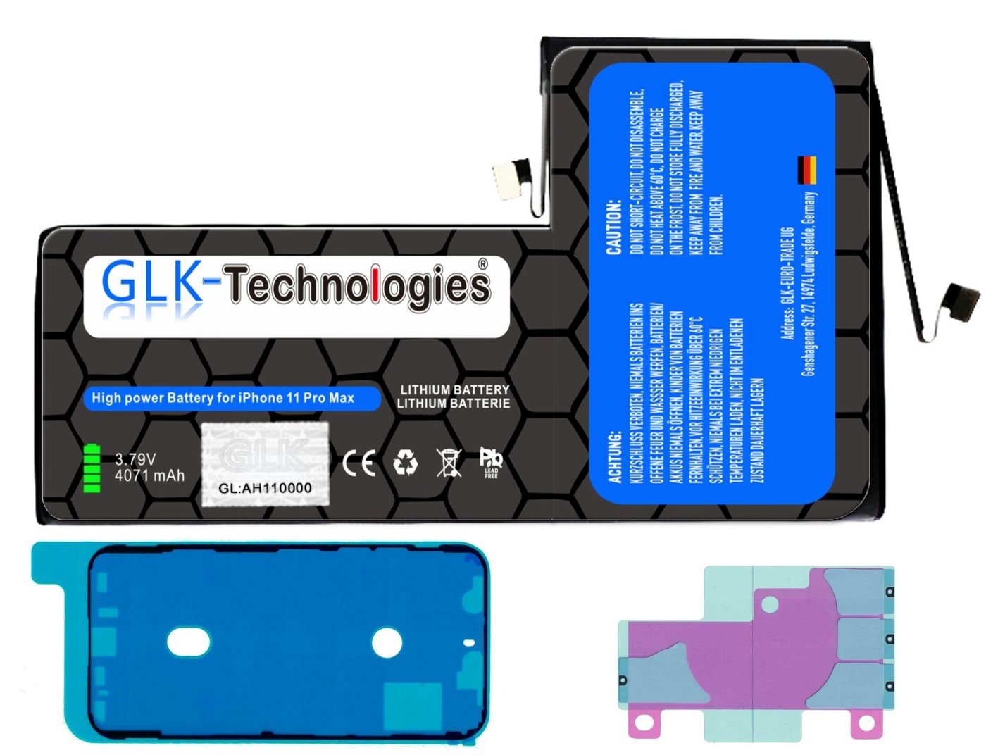 GLK-Technologies High Power Ersatz Akku für Apple iPhone 11 Pro Max 2X Klebebandsätze Smartphone-Akku 4071 mAh (3,8 V)