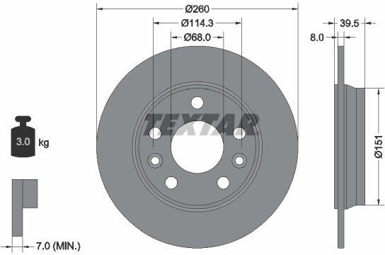 TEXTAR Bremsscheibe hinten rechts links voll 260mm für RENAULT 440A09572R 92327203