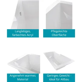 Calmwaters Calmwaters® Premium Badewanne Komplettset 180x80 cm mit Wannenträger & Ablaufgarnitur, EU, Duobadewanne für 2, Set Acryl-Badewanne rechteckig, Moderne Rechteckbadewanne 180 x 80 cm, Weiß