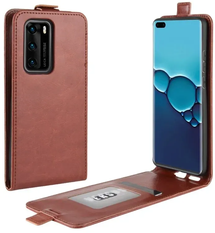 Flip Case Handyhülle für Huawei P40 Vertikal Schutzhülle Tasche Cover Braun Bumper Smartphone Kartensteckplatz-Kreditkarte-Geldscheine EC-Karte Bank-Karte