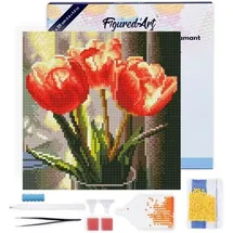 ap commerce FiguredArt DP-SFA194-Y - Mini Diamond Painting, Pfirsichfarbene Tulpen, Leinwand-Keilrahmen (25x25cm), DIY Bastelset