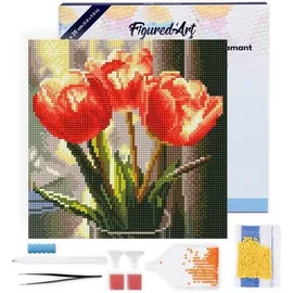 ap commerce FiguredArt DP-SFA194-Y - Mini Diamond Painting, Pfirsichfarbene Tulpen, Leinwand-Keilrahmen (25x25cm), DIY Bastelset