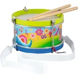 GoKi 61848 Trommel Blumenwiese – Kinder Trommel ab 3 Jahren mit Gurt & Holzstöcken, buntes Musikinstrument aus der goki66-Serie, 21,5 cm