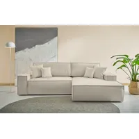OTTO home Ecksofa FINNLEY, L-Form 257 cm, Schlafsofa, mit Bettkasten, in Bouclé, Struktur fein und Mega Cord weiß