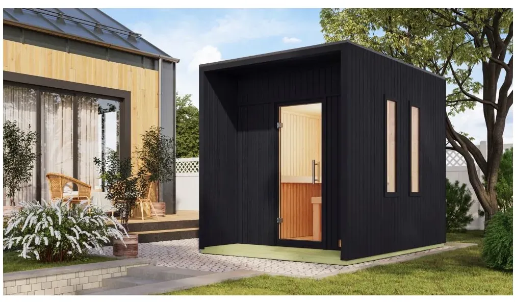 Karibu 73 mm Saunahaus Lejana inkl. Saunaofen mit eingebauter Steuerung 9 kW naturbelassen oder schwarz