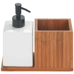 Spülmittelspender WENKO "Modell Mera", braun (dunkelbraun), B:18,5cm H:17cm T:8,5cm, Bambus, Keramik, Kunststoff, Dosierspender, mit Utensilienhalter, Keramik & geräucherter Bambus, Landhaus-Stil