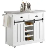 SoBuy FKW94-W Design Küchenwagen mit Flaschenablage Küchenschrank mit 2 Schiebetüren und 2 Schubladen Kücheninsel mit Edelstahlplatte Sideboard Weiß BHT ca.: 116x95x46cm