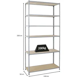 Proregal Schwerlastregal Giant Muli HxBxT 250 x 110 x 50 cm 6 Fachböden Fachlast 200 kg Grau