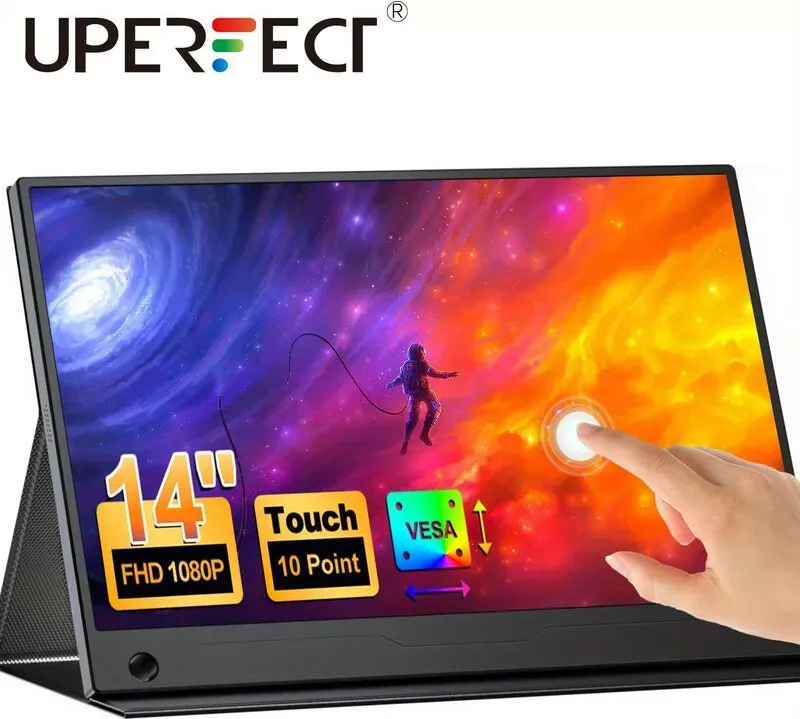 PERFECT Tragbarer Monitor 14 Zoll, 60 Hz, Touchscreen, 100% sRGB, mit VESA und Standfuss, 180° verstellbar, ultraflach & leicht, Reise- und Zweitmonitor für Laptop