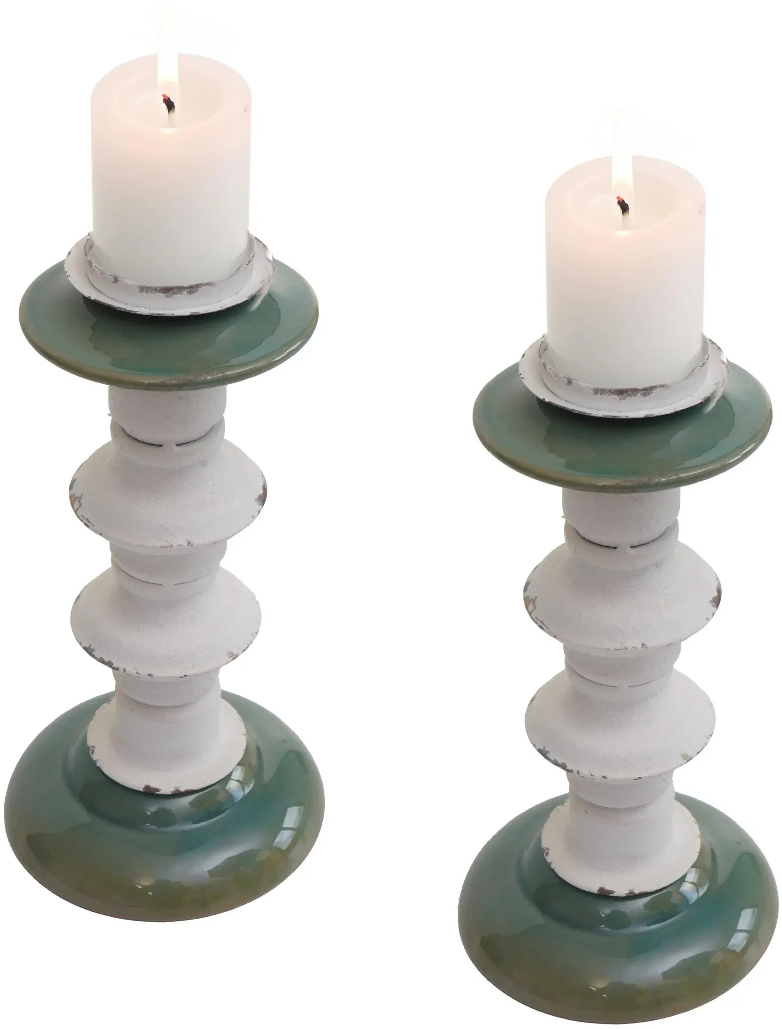 2er-Set Kerzenständer HWC-N36, Kerzenhalter Kerzensäule, Shabby-Look Vintage Metall Keramik Höhe 25cm