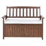 Gartenbank dunkles Akazienholz mit Stauraum Auflage weiß 120cm Sovana