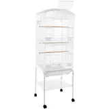 Vogelkäfig groß, Papageienkäfig mit Ständer, Voliere auf Rollen, Käfig aus Eisen 137.5 cm Höhe, mit Ablage, Gitterabstand 1.3 cm Verkaufspunkte (Weiß)
