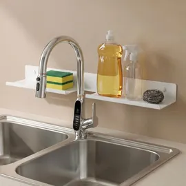 doporro Waschbecken Ablage 60 cm über dem Wasserhahn, Badezimmer Regal Montage mit oder ohne Bohren, Waschbecken-Wasserhahn-Organizer, Spülbecken Organizer & Duschablage, Sandweiß Reglo-17