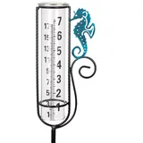 Venniy Regenmesser für den Außenbereich, 17,8 cm, Glas, Regenmesser, Seepferdchen, Regenmessgerät mit Metallpfahl für Garten, Terrasse, Rasen