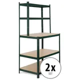 Stagecaptain 2X WBR-175 SR Werkbankregal - Schwerlastregal mit Werkbank - Lagerregal für Werkstatt, Keller, Speisekammer - 5 Böden in 2 Tiefen - Extra stabile Arbeitsfläche auf 97 cm Höhe - Grün