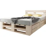 Lermowood Palettenbett M2 aus Holz 140 x 200 cm Natur mit Kopfteil und 2 Bettkästen Holzbett 40cm Stabiles Seniorenbett Kinderbett Jugendbett Gästebett erhöhtes Bettgestell Futon Komforthöhe Naturholz
