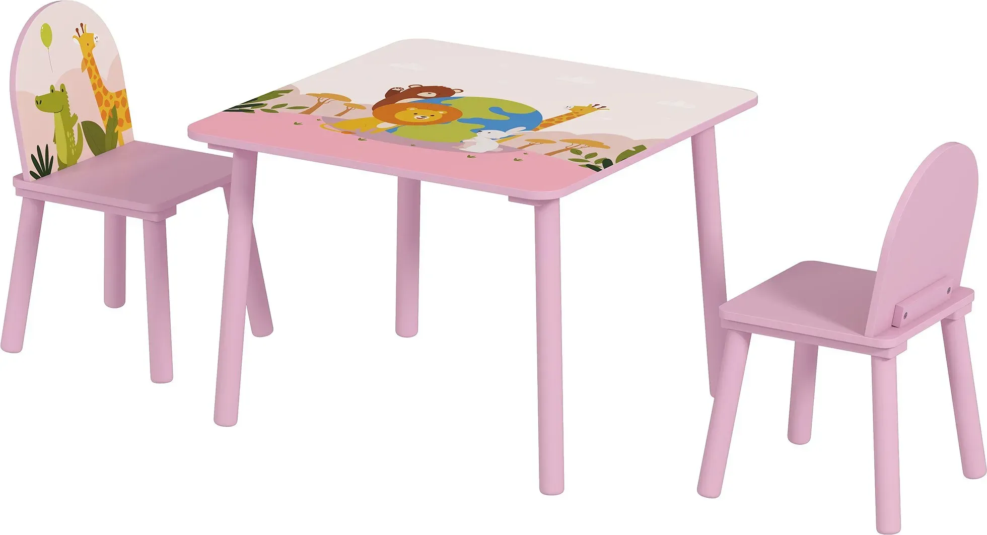AIYAPLAY Tisch- und Stuhlset für Kinder 3–8 Jahre mit Tiermotiven und abgerundeten Kanten, Kinderstühle und -tisch aus MDF und Kiefernholz, Rosa   Aosom