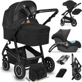 lionelo BIANKA Kinderwagen Autotransporter, Autositz, klappbar, Travel System Rückenlehne, Räder Polsterung, Verdeck XXL-Sc... - Schwarz