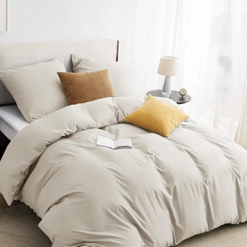 Bettwäsche 155x220 3teilig Beige - 1 Bettbezug 155 x 220 cm + 2 Kissenbezüge 80X80 cm, Oeko-TEX Bettwäsche-Sets für Kinder und Erwachsene, Bedding 90% Polyester Mikrofaser mit Reißverschluss, 90% Polyester