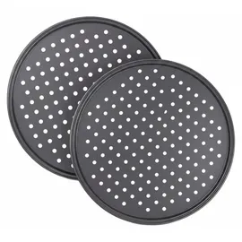 Relaxdays 10 x Pizzablech, rund, gelocht, antihaft, Pizza & Flammkuchen, Carbonstahl, Knusperblech, ∅ 32 cm, Pizzabackblech, grau