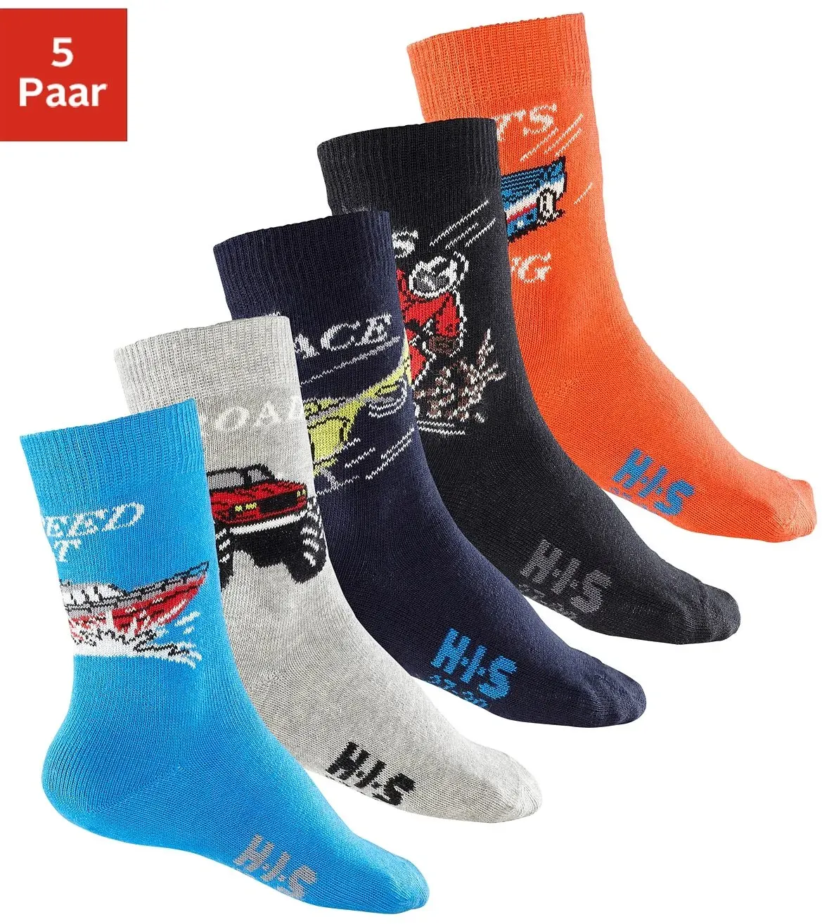 Socken H.I.S, Mädchen, Gr. 39-42, bunt (schwarz, grau, orange, marine, blau), Baumwolle, Elasthan, Polyamid, uni und gemustert, elastisch, Socken Socken Strümpfe Lange Socke, mit Automotiven