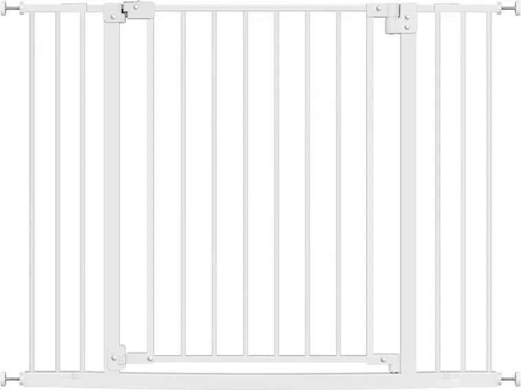 WOLTU Treppenschutzgitter, Türschutzgitter, Absperrgitter, Inkl. 2 Verlängerungen von 10 cm, 75-107 cm, mit/ohne Bohren, Auto-Schließfunktion, 90° Stopp, beidseitig schwenkbar, 2 Verschlüsse, Metall, Weiß