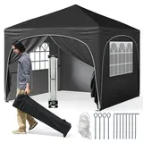 COSTWAY Pavillon 3x3 m, Faltpavillon mit 4 abnehmbaren Seitenwänden & 4 Sandsäcke, Gartenpavillon UV-Schutz 50+ inkl. Rolltasche, 8 Heringe, 4 Anker, 4 Windseile, Gartenzelt für Garten (Schwarz)