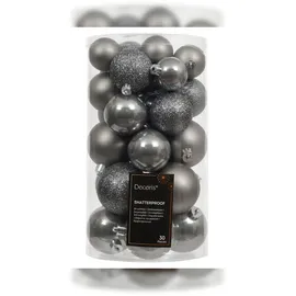 Christmas Decorations 30 Weihnachtskugeln Kunststoff 4-6cm Mix 30er Set - bruchsicher Christbaumkugeln Weihnachtsbaumkugeln Christbaumschmuck Weihnachtsbaumschmuck Zart Grau
