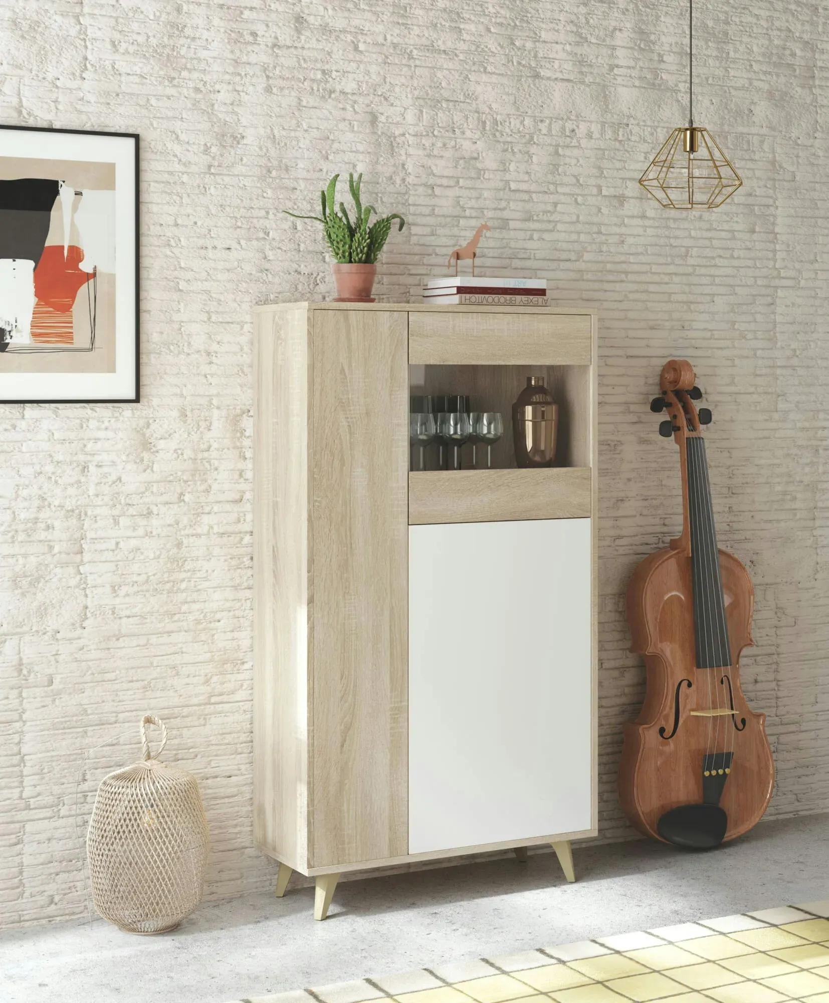 Dmora Schaukasten Atlanta, Moderne Vitrine mit 3 Türen, Sideboard für Wohnzimmer oder Wohnzimmer, 77x33h142 cm, Eiche und Weiß
