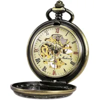 TREEWETO Taschenuhr mit Kette Herren Analog Handaufzug Antik Skelett Römische Ziffern Bronze