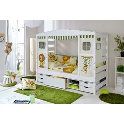 Kinderbett TICAA "Lio", weiß (kiefer massiv weiß gewachst), B:96,6cm, Betten, Hausbett, inkl. Schubkasten und Rollrost