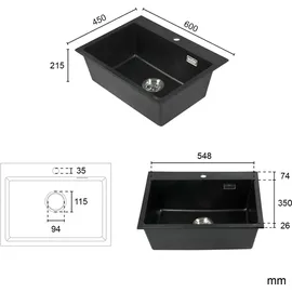 stabilo-sanitär Kingston rechts Einbauspüle granit schwarz Handbetätigung 600 x 450 mm